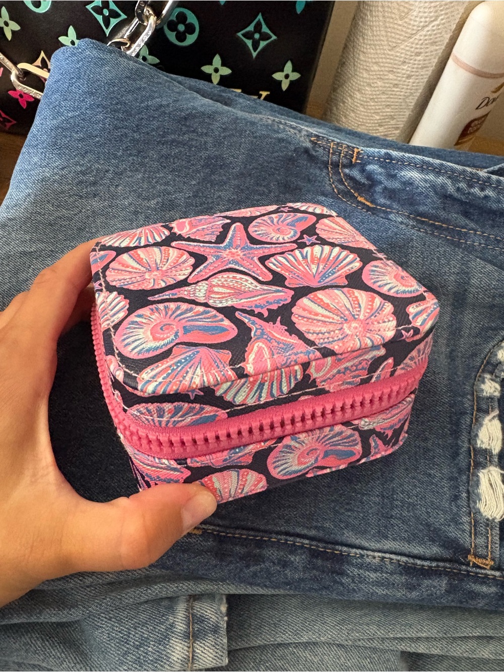 Simply Southern Pink and Navy Seashell Zip Jewelry Case